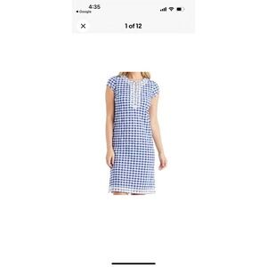 J. McLaughlin Women's Large Tunic Dress Blue White Gingham Embroidered Greek Key